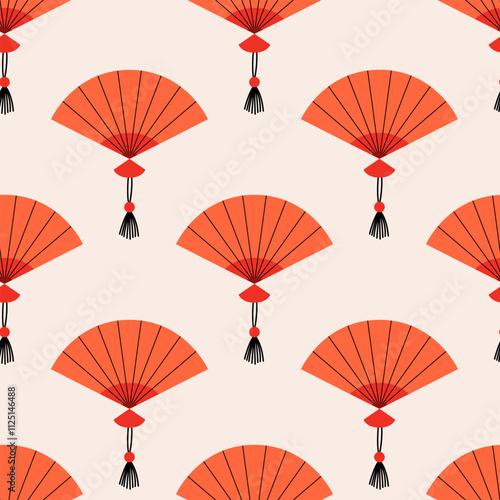 Seamless pattern with chinese or japanese paper fans. Vector flat background in asian style. Traditional oriental accessory