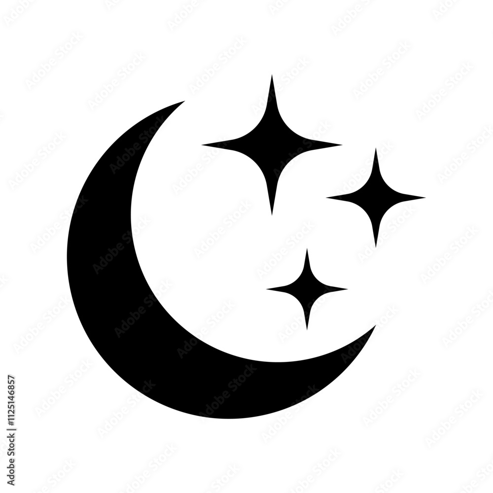 Crescent moon with stars icon on white background. Night icon. Crescent moon icon. Minimalist style. Crescent moon with stars icon on white background. Night icon. Crescent moon icon. Minimalist style.
