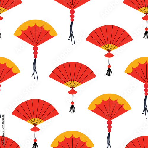 Seamless pattern with chinese or japanese paper fans. Vector flat background in asian style. Traditional oriental accessory