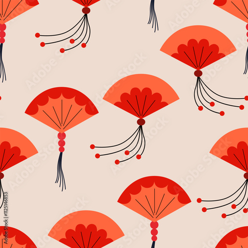 Seamless pattern with chinese or japanese paper fans. Vector flat background in asian style. Traditional oriental accessory
