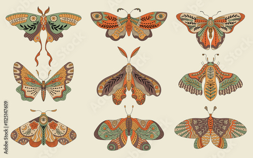 Boho butterflies. Decorative tattoo design of fairytale flying mystical insects butterflies collection recent vector items for astrology cards