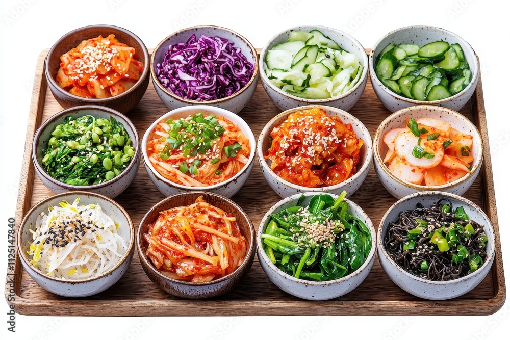 A beautifully arranged platter of colorful and fresh vegetable dishes in individual bowls on a wooden tray. A beautifully arranged platter of colorful and fresh vegetable dishes in individual bowls on a wooden tray.