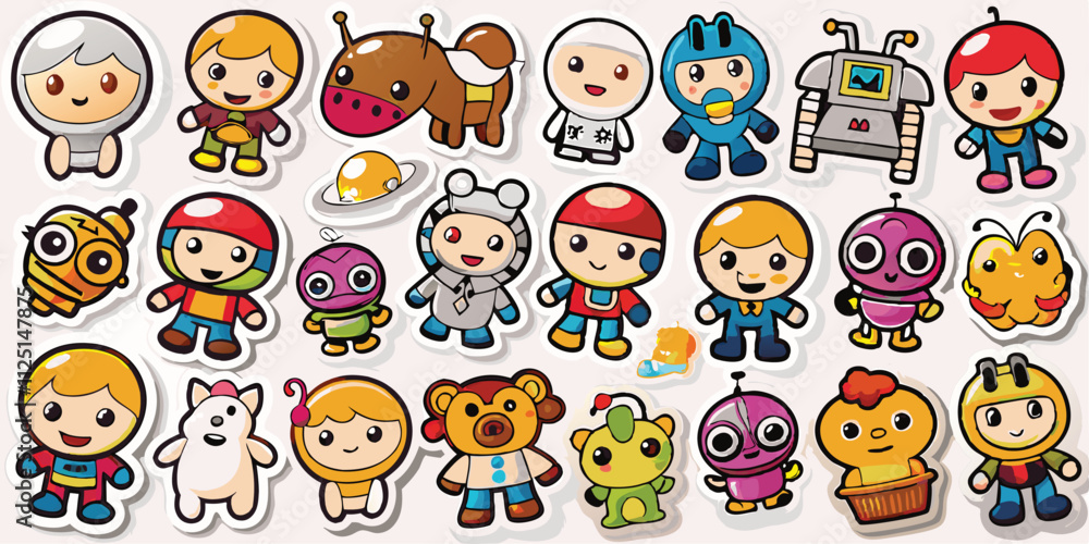 Single sheet of stickers vector containing twenty unique cartoons.