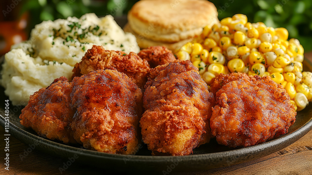A plate of crispy fried chicken in golden breading
A plate of crispy fried chicken in golden breading