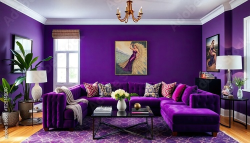 Purple couch living room featuring a bold purple couch as the focal point, paired with complementary colors and decor for a dramatic and stylish look