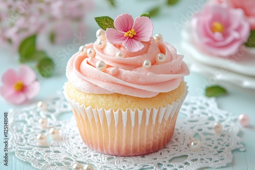 A beautifully decorated cupcake featuring pink frosting and delicate flowers for an elegant dessert treat.