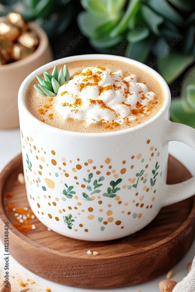 A beautifully decorated cup of delicious coffee topped with whipped cream and spices, perfect for a cozy moment. A beautifully decorated cup of delicious coffee topped with whipped cream and spices, perfect for a cozy moment.