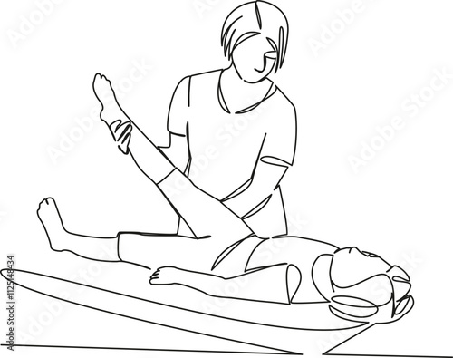 One continuous single drawing line art flat doodle osteopath doctor adjusts child's leg, corrects posture, treats, massage. Isolated image hand draw contour on a white background, hand drawn, not AI
