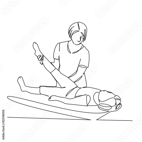 One continuous single drawing line art flat doodle osteopath doctor adjusts child's leg, corrects posture, treats, massage. Isolated image hand draw contour on a white background, hand drawn, not AI
