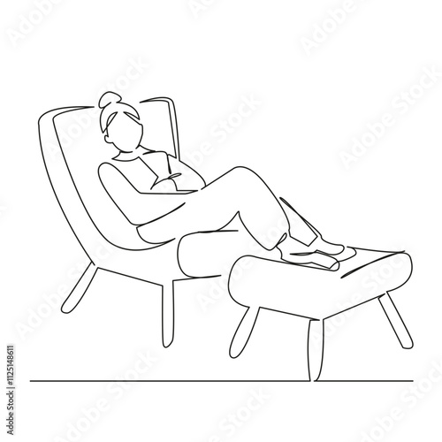 One continuous single drawing line art flat doodle girl woman sitting in chair legs on pouf, rest, daytime sleep, comfort. Isolated image hand draw contour on a white background, hand drawn, not AI