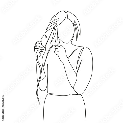 One continuous single drawing line art flat doodle girl woman styling hair curling it with curling iron, beauty, care. Isolated image hand draw contour on a white background, hand drawn, not AI