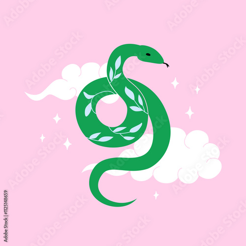 Cute green snake with clouds and stars. Mystical and fantasy vector flat illustration of reptile in asian style. Zodiac symbol of lunar new year
