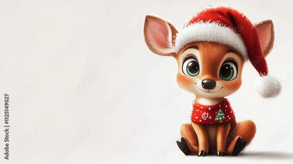 Fototapeta premium Cartoon Deer with Santa Hat - Perfect for Christmas Cards and Festive Designs