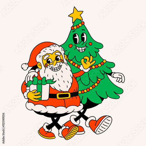 Groovy Christmas cartoon card. vintage funny Santa Claus and Christmas tree w...