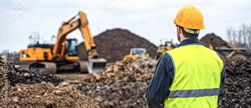 A man in a yellow vest stands in front of a large construction site