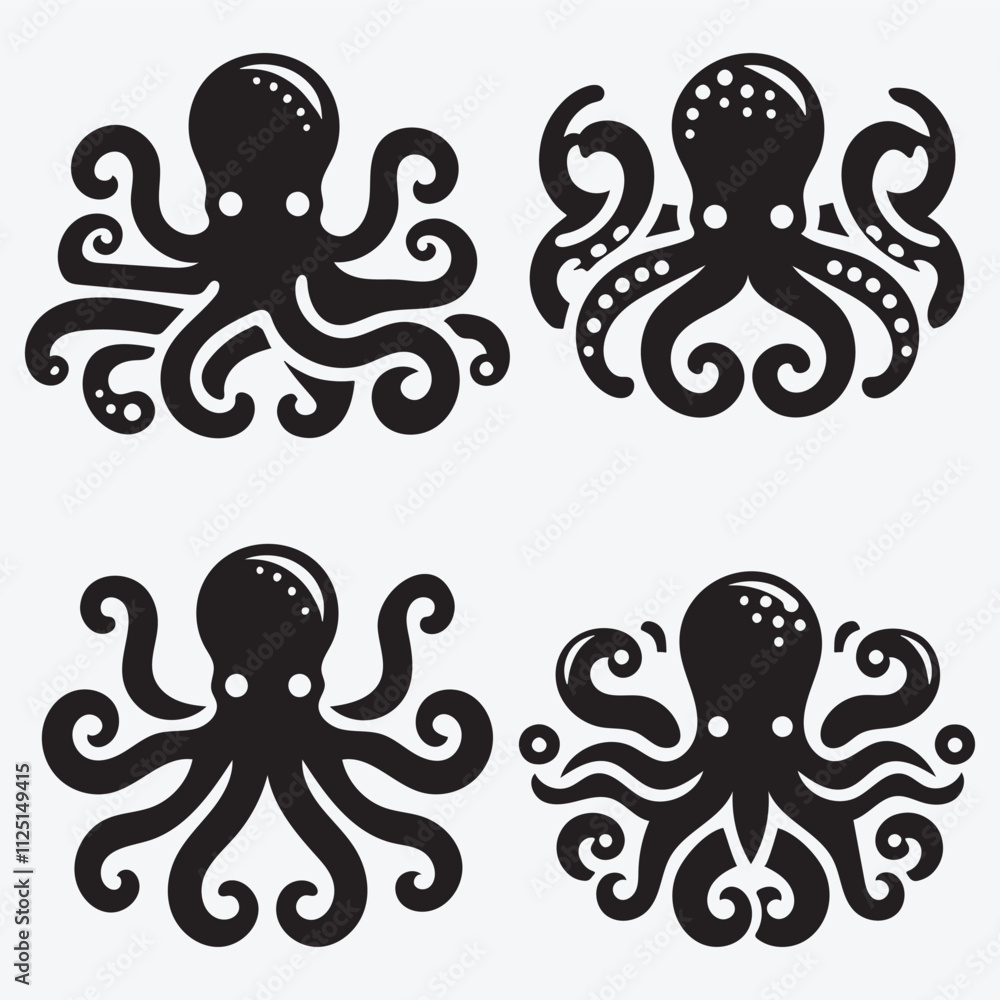 Obraz premium Octopus Silhouette Clip Art Vector illustration Isolated on White Background