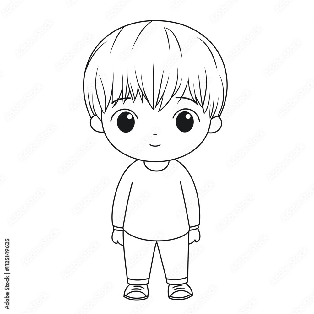 Boy doll with big eyes, simple and easy coloring book for kids, cartoon style. Boy doll with big eyes, simple and easy coloring book for kids, cartoon style.