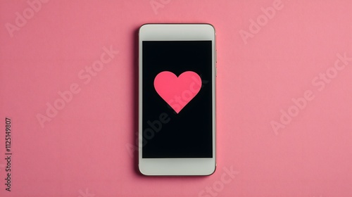 A modern smartphone displays a bold pink heart on a sleek black background, set against a vibrant pink surface, symbolizing love and connection in digital communication.