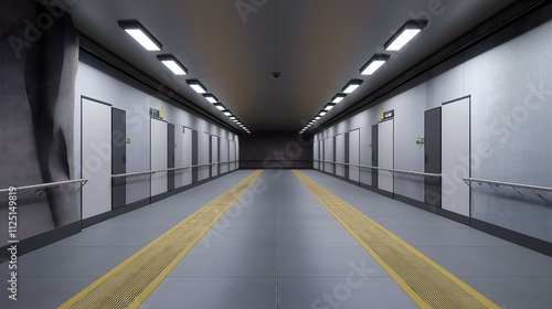 A modern, well-lit corridor with multiple doors, featuring smooth gray walls and bright ceiling lights photo