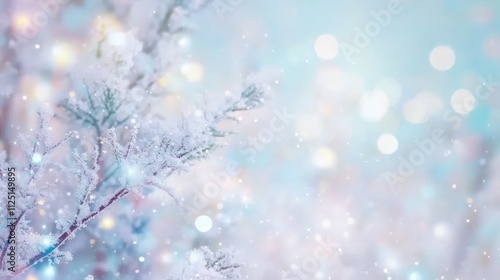 Blurred Snow-Covered Christmas Tree Branches with Bokeh Lights on Pastel Blue Background, Creating a Banner for Winter and New Year's Celebration Concept 