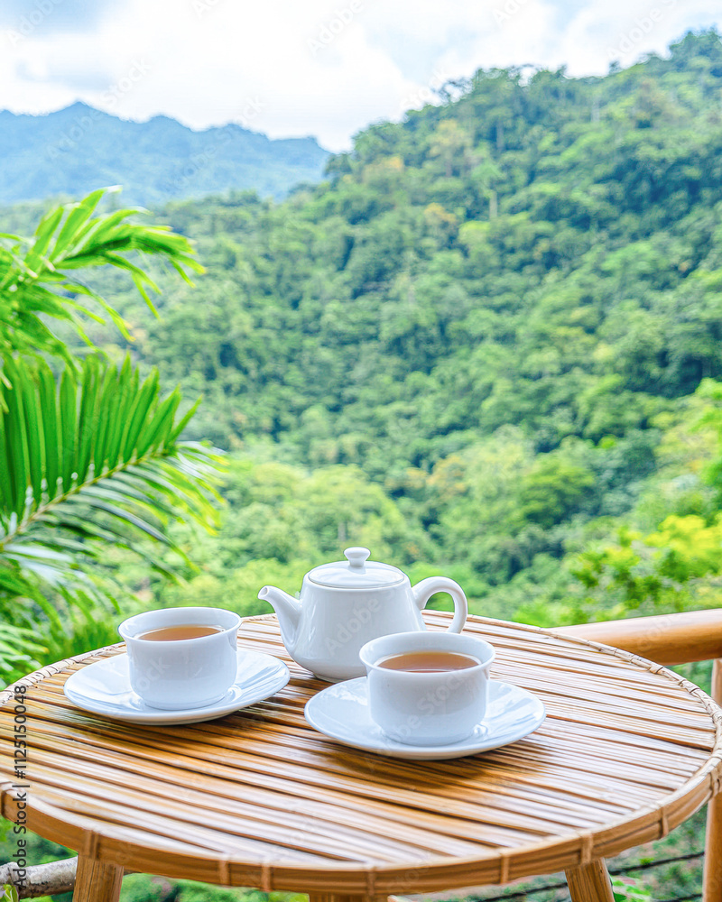 A table with two cups of tea and a teapot A table with two cups of tea and a teapot