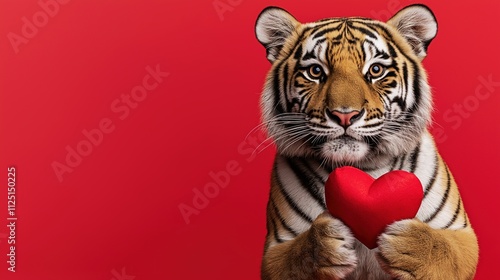 Cute Tiger Holding a Red Heart Smiling