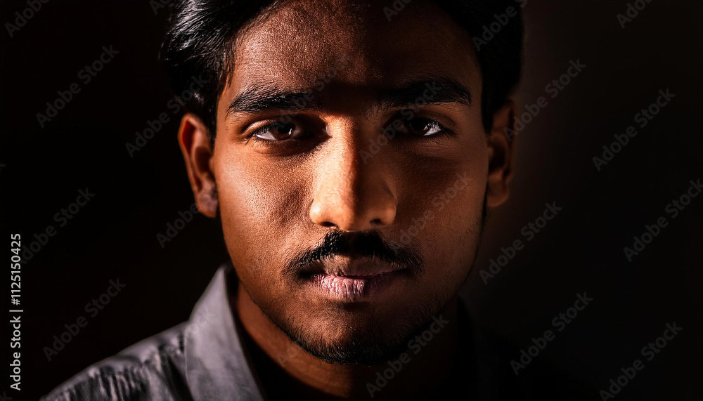 Close-up of a man's face with dark shadows and bright lighting. Close-up of a man's face with dark shadows and bright lighting.