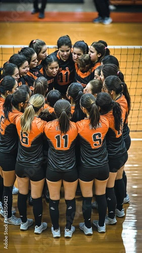 Volleyball team huddles together in preparation for an important match in a gymnasium