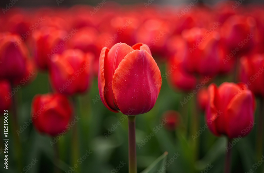 Fototapeta premium Bush large red tulips, blooming flower outside garden, close-up. AI Generative