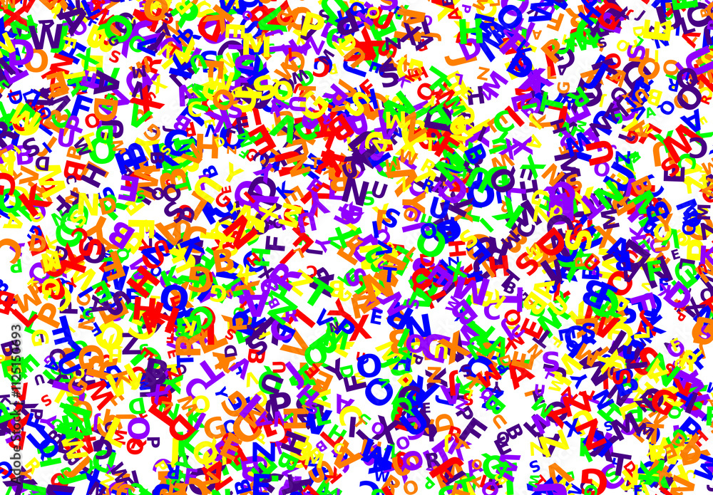 uppercase letters randomly colored and arranged on a white background perfect as a concept of school or dyslexia
