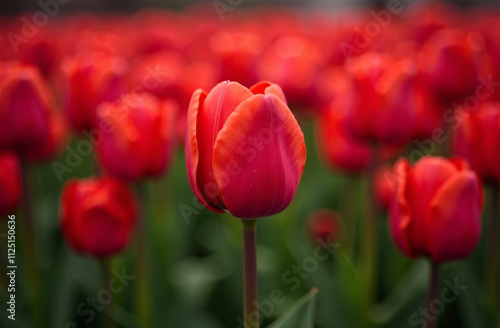 Bush large red tulips, blooming flower outside garden, close-up. AI Generative