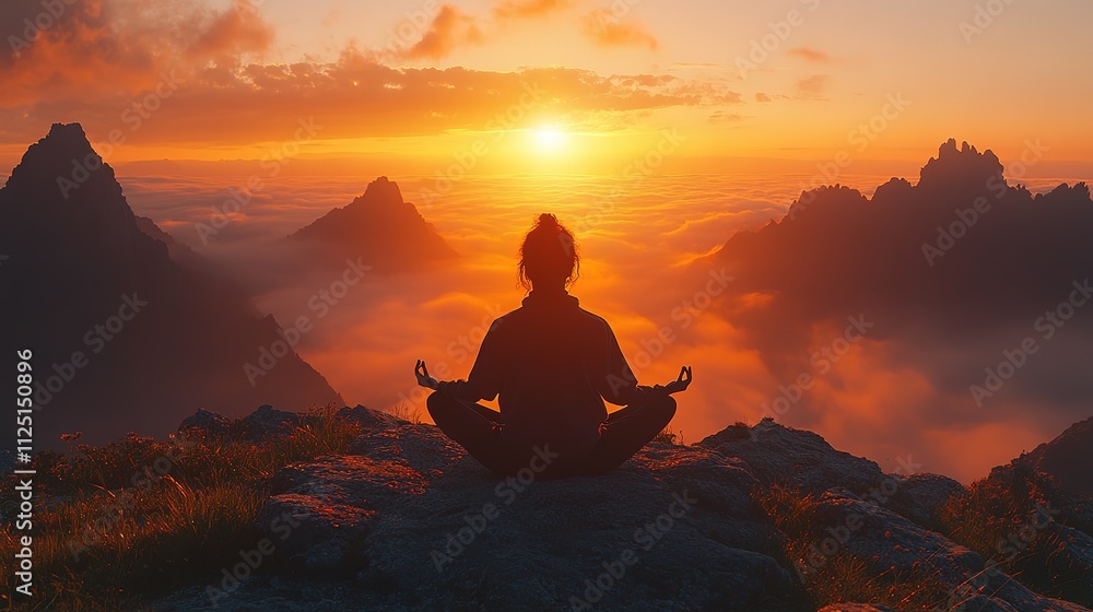 Woman meditating in lotus pose atop mountain at sunrise, overlooking a sea of clouds. Woman meditating in lotus pose atop mountain at sunrise, overlooking a sea of clouds.