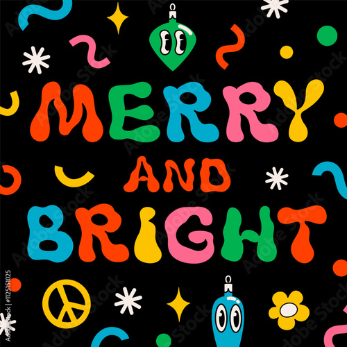 Groovy Christmas cartoon card. vintage funny poster with confetti and merry a...