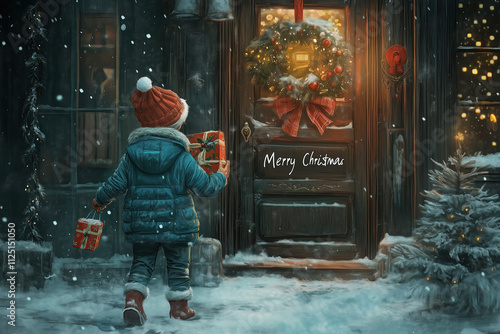 Merry Christmas greeting card: little boy with presents walking towards decorated door