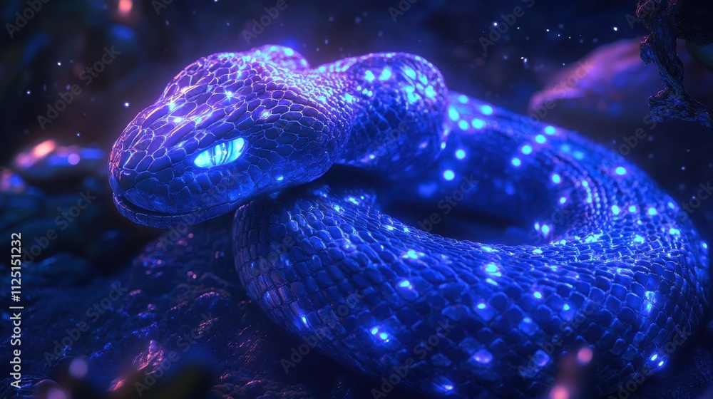 Glowing blue snake coiled in dark environment. Glowing blue snake coiled in dark environment.