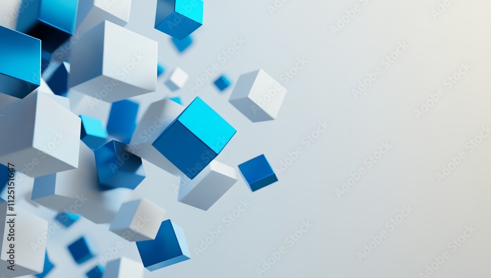 Blue and White Cubes Flying on Light Grey Background - AI Generated Illustration. Blue and White Cubes Flying on Light Grey Background - AI Generated Illustration.