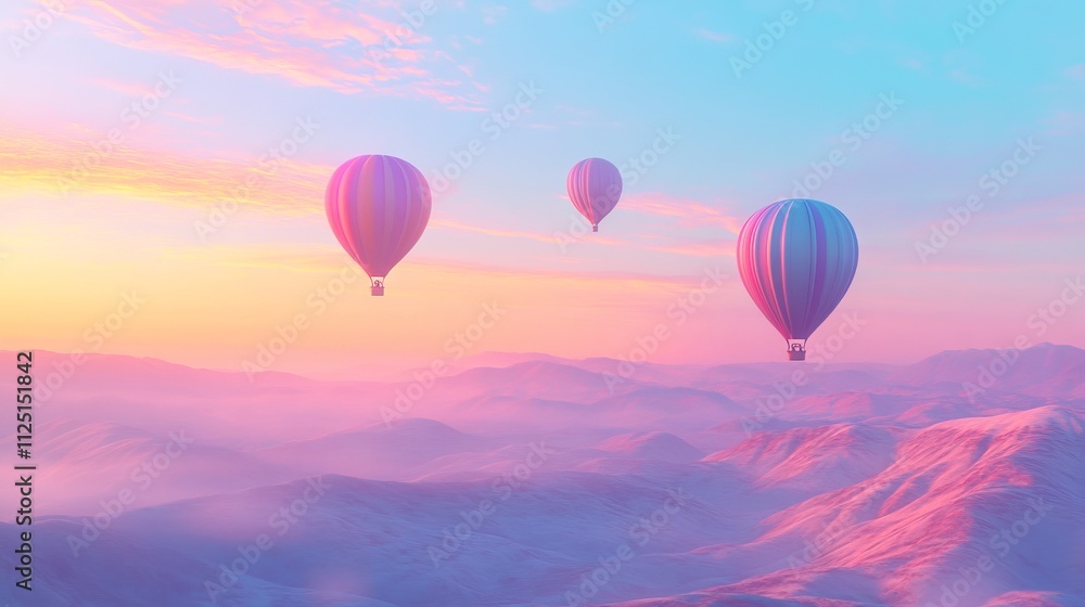 Fototapeta premium Hot Air Balloons at Sunrise Over Mountains - AI Generated Illustration