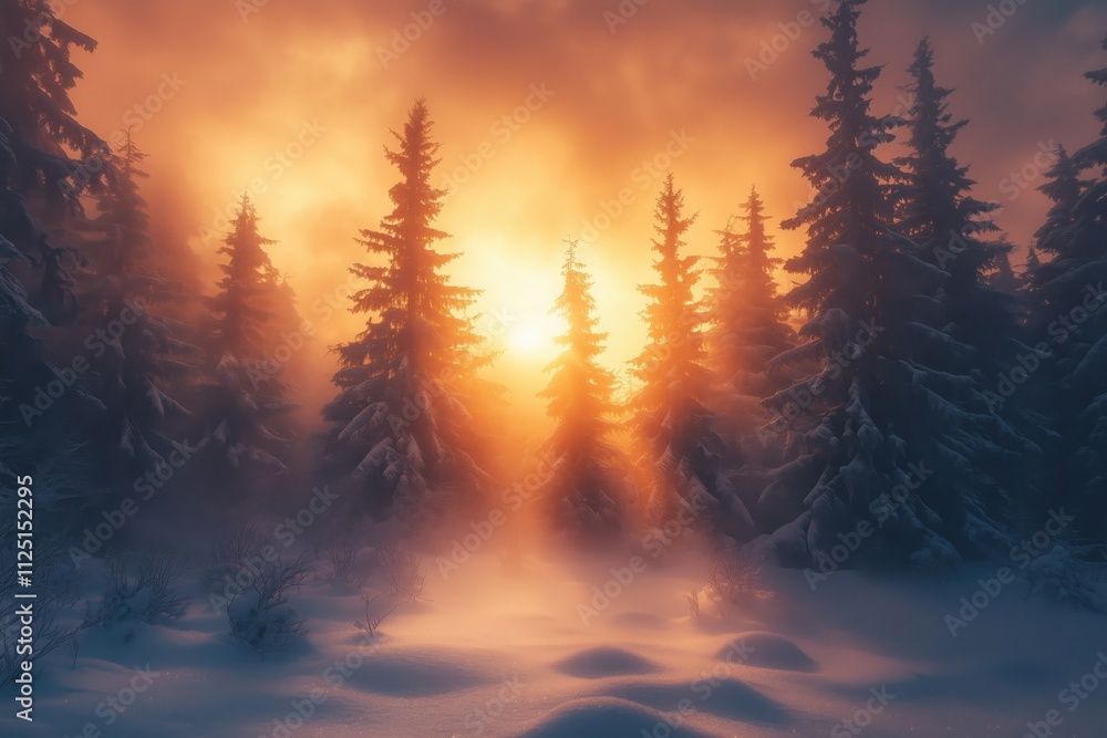 Sunset in a misty winter forest of snow-covered evergreen trees, where golden sunlight creates a magical and serene atmosphere Sunset in a misty winter forest of snow-covered evergreen trees, where golden sunlight creates a magical and serene atmosphere