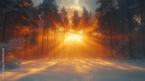 Enchanting winter landscape with golden sunlight filtering through misty, snowy forest at sunset, evoking a sense of serenity and wonder