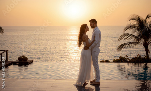 couple embraces at sunset by ocean, surrounded by tropical scenery, creating romantic atmosphere. warm glow of sun enhances their intimate moment photo