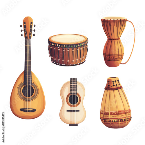 Colorful Musical Instruments on Transparent Background