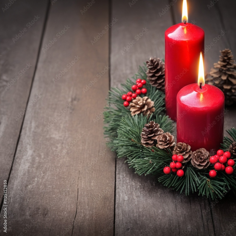 Red Candle with Christmas decoration on rustic wood - Advent Background with wreath on first Advent - Banner, Header, Panorama, Background - Classic Xmas Background for Greeting Card with copy space Red Candle with Christmas decoration on rustic wood - Advent Background with wreath on first Advent - Banner, Header, Panorama, Background - Classic Xmas Background for Greeting Card with copy space