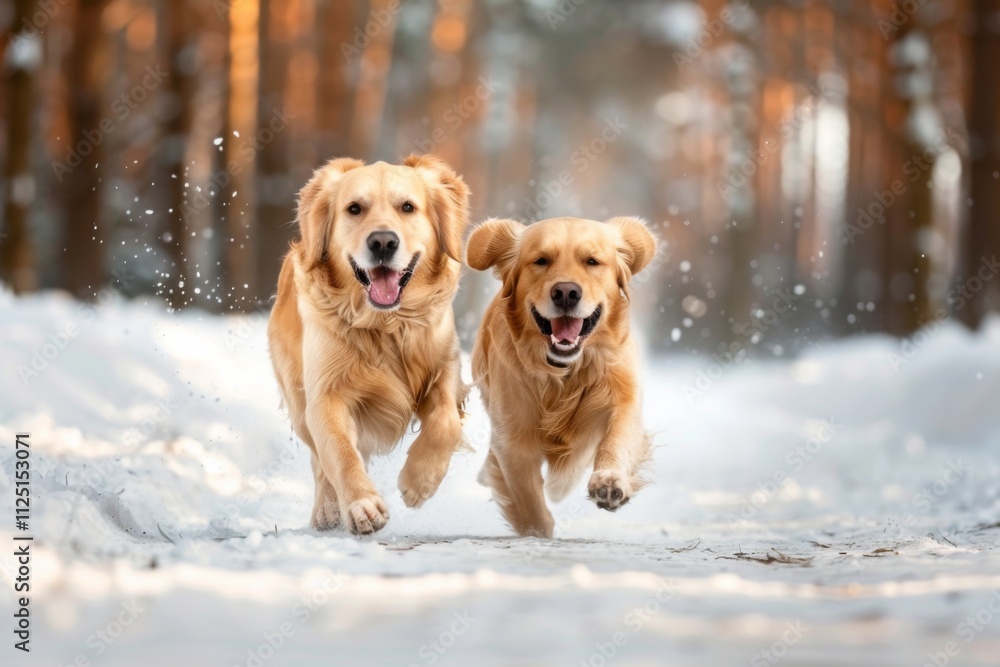 Two golden retriever dogs dash playfully through a snowy winter forest their fur glistening in the sunlight as they enjoy the crisp air and fresh snow embodying pure joy and freedom. Two golden retriever dogs dash playfully through a snowy winter forest their fur glistening in the sunlight as they enjoy the crisp air and fresh snow embodying pure joy and freedom.