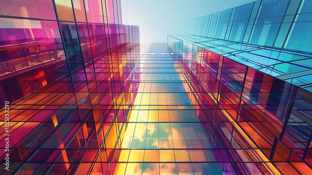 An abstract skyscraper with a facade made of shifting, holographic panels that change color with the light An abstract skyscraper with a facade made of shifting, holographic panels that change color with the light