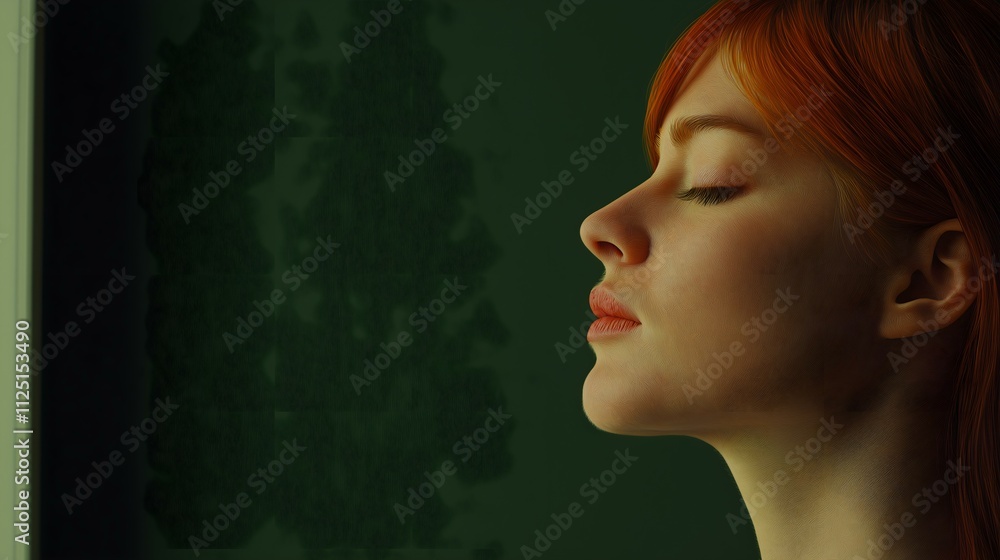 Fototapeta premium A serene portrait of a young woman with striking red hair, lost in thought against a soft green background, embodying calmness and introspection, showcasing beauty and tranquility.