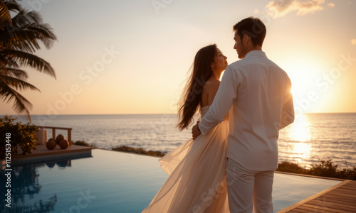 Wallpaper Mural couple embraces by pool at sunset, surrounded by tropical scenery, creating romantic atmosphere. warm glow of sun enhances their intimate moment Torontodigital.ca