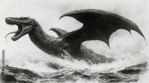 Monochrome illustration of a serpentine dragon emerging from stormy ocean waves. photo