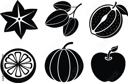 6-vector silhouette fruits icon set features a collection of fruit icons in a clean and minimalist style. Perfect for food-related projects, product labels, packaging, menus, and digital designs. 