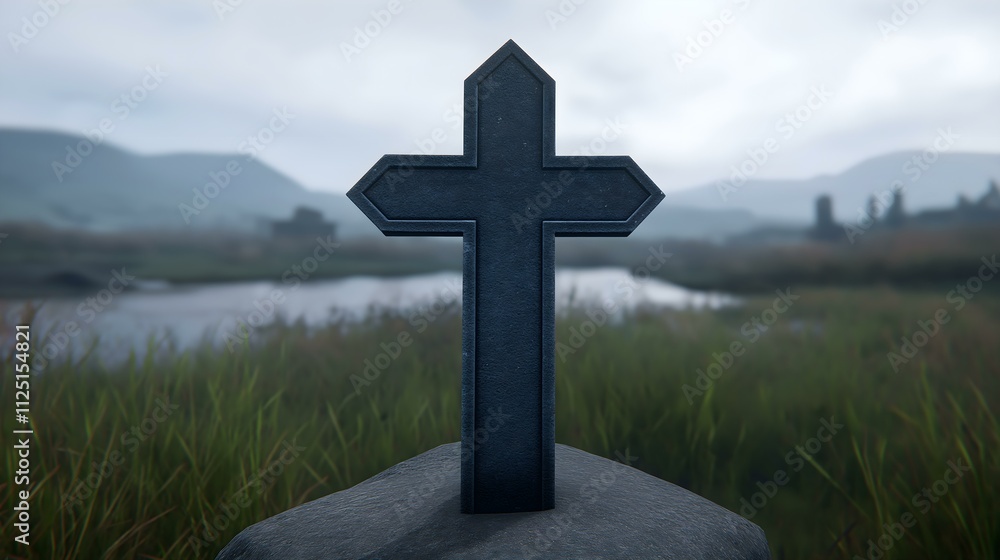 A solemn black cross stands in a serene landscape, surrounded by gentle hills and a calm water body. The peaceful ambiance invites reflection on faith, loss, and remembrance. A solemn black cross stands in a serene landscape, surrounded by gentle hills and a calm water body. The peaceful ambiance invites reflection on faith, loss, and remembrance.