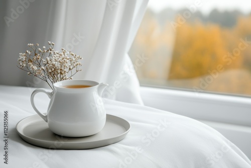 self-care routine, enjoy a serene break with an array of herbal teas on a vintage tray in a cozy reading corner by the window during care day photo